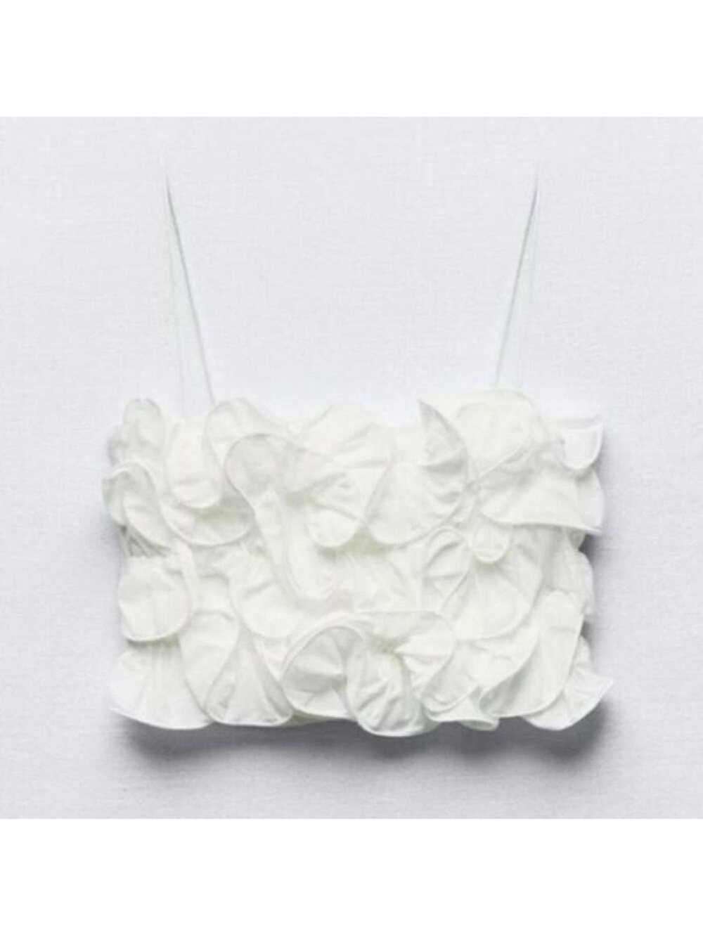 NWT Zara White Ribbed Crop Top With Raised Ruffles Thin Straps Size S - Picture 3 of 4